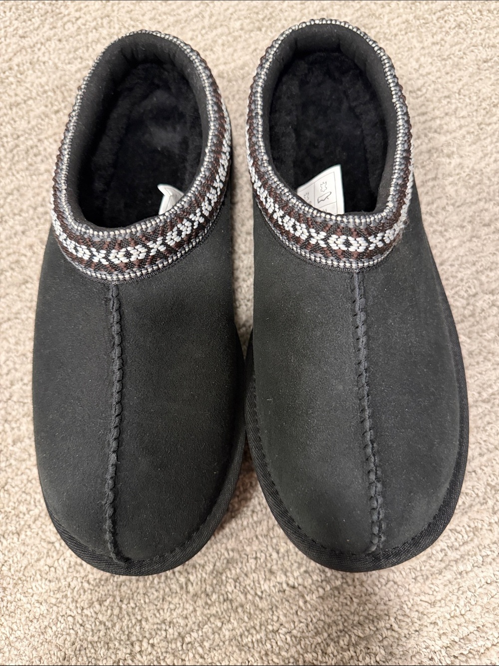 Black Suede Slip-On Cozy Slippers with Patterned Trim